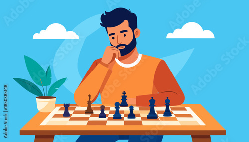 Thoughtful bearded man playing chess, deep in strategic planning. Concentration and intelligence concept illustration.