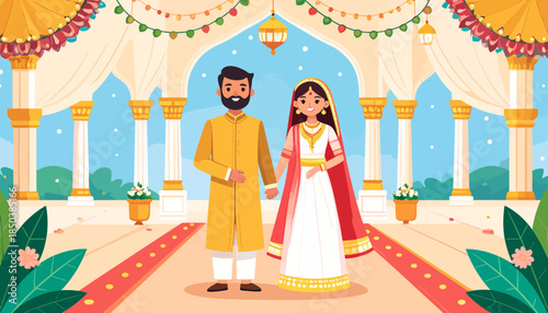 Happy Indian Wedding Couple in Traditional Attire. Festive Ceremony Celebration with Decorated Archway.