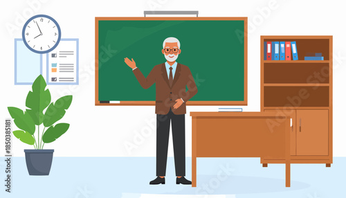 Experienced male teacher character in a classroom setting with chalkboard and desk. Education concept illustration.
