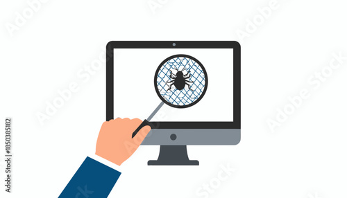 Cybersecurity concept: Hand with magnifying glass inspecting computer monitor for software bug or virus. Malware detection.