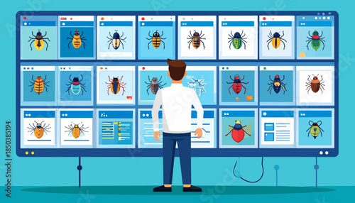 Digital Insect Database: Man Viewing Bugs and Data on Interactive Screen