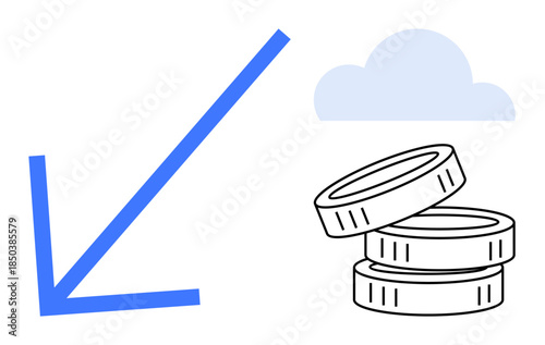 Economic trends, financial risks, investment decline, market analysis, budgeting, business forecast. Downward arrow, coin stack and cloud. Economic trends and financial risks visualization