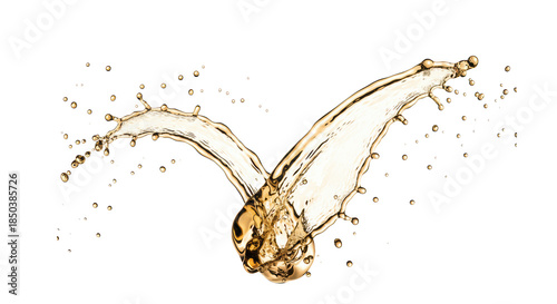 viscous, pale golden white wine splash frozen mid-arc, dramatic rim lighting highlighting suspended micro-droplets, against a transparent background with copy space. concept for beverage advertising