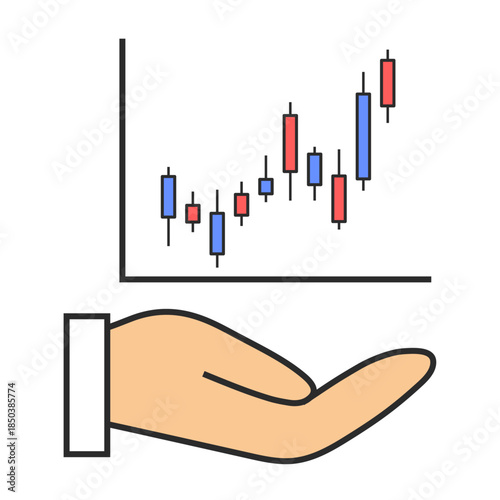 株価、投資、ローソク足、利益、資産運用、キャピタルゲインの増減、好景気、インフレ、不景気、デフレ、手のひら