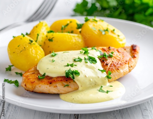 Grilled fish with creamy sauce and boiled potatoes on a white plate, garnished with parsley