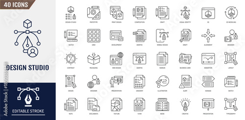 Design studio icon set. Containing concept, sketch, illustration, blueprint, prototype, draft, render and more. Vector illustration