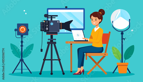 Female content creator working on video production in a home studio with camera, lights, and laptop