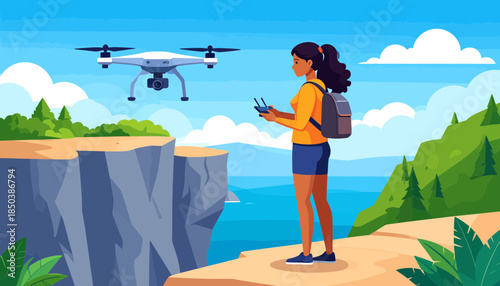 Female traveler operating drone on cliff edge, capturing breathtaking coastal views and adventure.