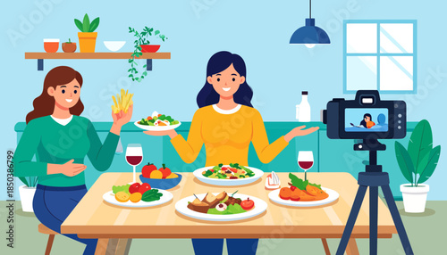 Women food vloggers filming culinary content at home, presenting various dishes and drinks for online viewers