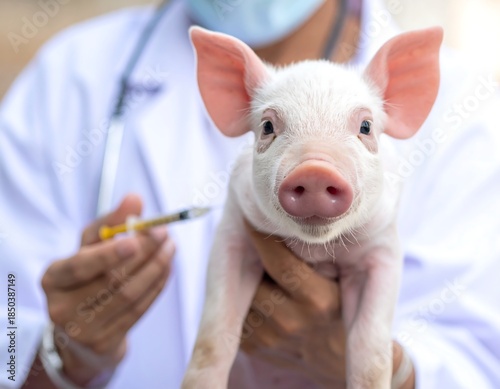 Piglet held by a masked vet with a syringe, examining for health, pink and white
