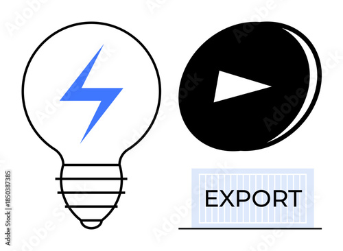 Energy solutions, workflow export, innovation, sustainability, data flow, digital processes. A light bulb with a lightning bolt, play button export label. Energy solutions and workflow export theme