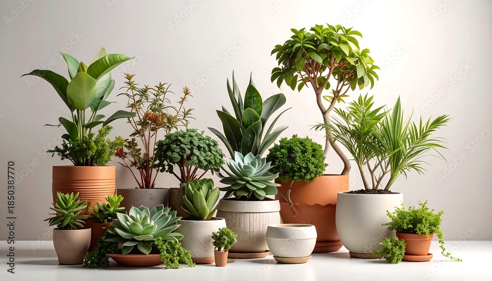 Fototapeta premium Indoor plants of various types in pots, arranged together on a plain, bright surface against a white background