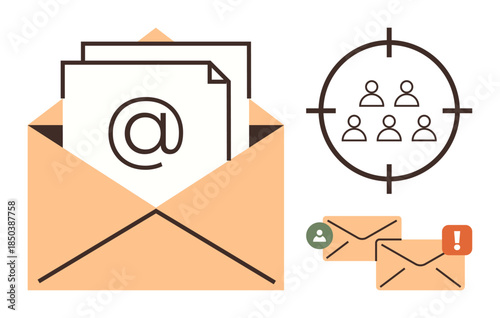 Open envelope with files, email at-sign, audience targeting icon, alert mail, user notification mail. Ideal for marketing, email campaigns, communication, automation audience targeting alerts