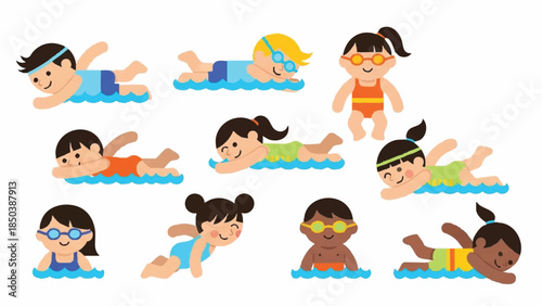 Diverse kids swimming with inflatable rafts