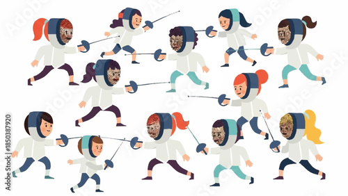 Diverse fencers in action various poses