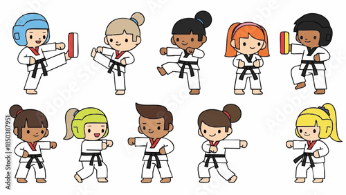 Diverse cartoon kids in martial arts uniforms