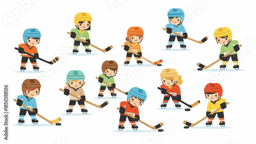 Cartoon kids playing ice hockey
