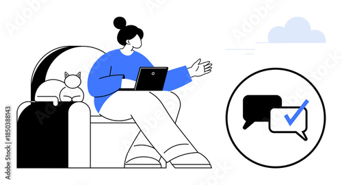 Woman sitting on couch with tablet, cat resting beside. Messaging icon with speech bubbles and checkmark. Ideal for communication, remote work, connectivity, technology, relaxation, social