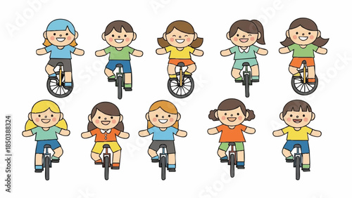 Children Riding Bicycles in a Row
