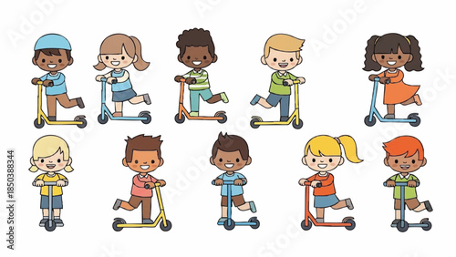 Diverse kids riding scooters