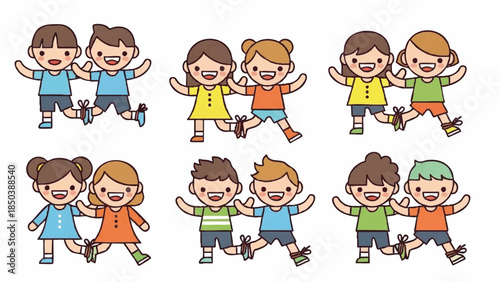 Happy children in various poses on roller skates