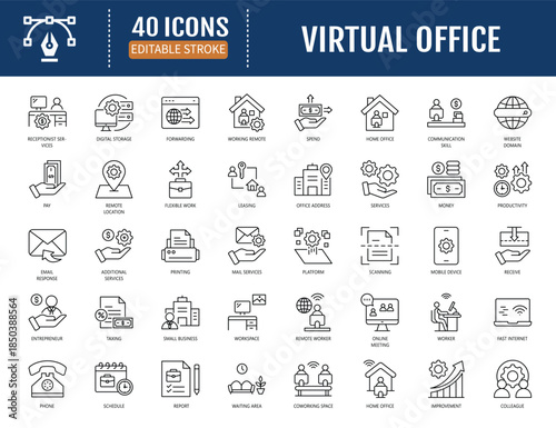 Virtual office icon set. Includes flexible, space,
combination, services, technology, leasing.
Vector illustration with editable stroke