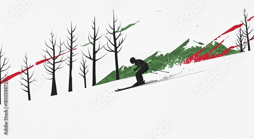 A dynamic silhouette of a skier descends a snowy mountain slope, leaving a trail of white powder amidst minimalist bare trees and vibrant green and red abstract brushstrokes.