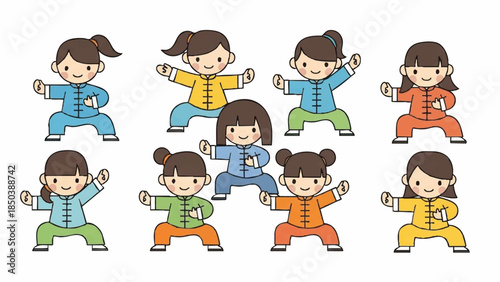 Cartoon children in colorful tracksuits practicing martial arts