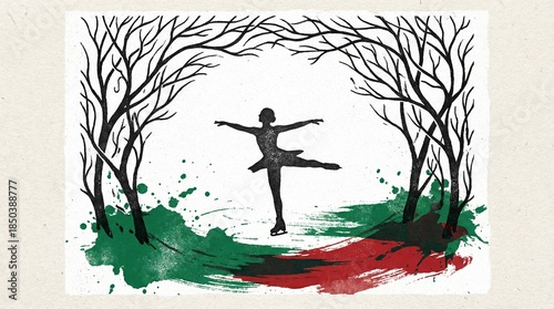 A graceful female figure skater silhouette performs an elegant pose amidst stark bare trees, with vibrant green and red paint strokes on textured white paper creating a minimalist winter art scene.