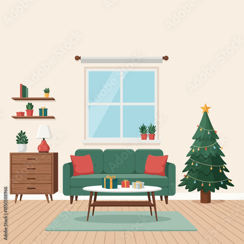 Cozy living room decorated for the holiday season with a Christmas tree and modern furniture