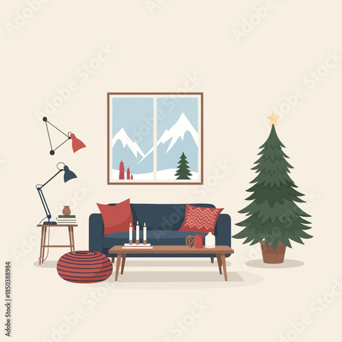 Cozy living room decorated for winter with Christmas tree and scenic mountain view outside window