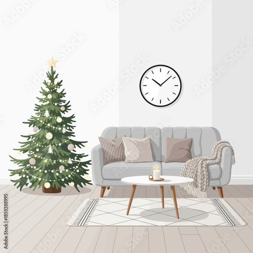 Cozy living room scene decorated for Christmas with a lush Christmas tree and modern decor elements