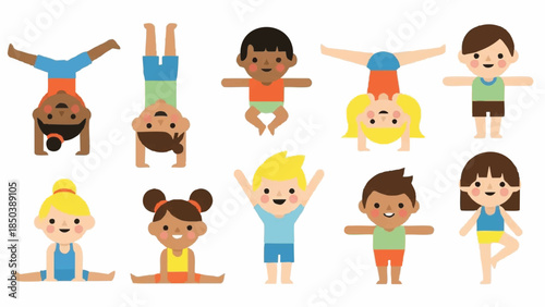 Diverse kids in various yoga poses