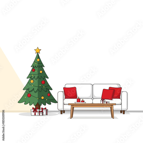 Festive Living Room Setup with Decorated Christmas Tree and Cozy Couch