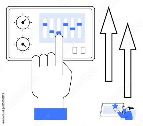 Data analysis, process control, user engagement, growth optimization, technological operations, interface design. Hand adjusting panel with sliders, arrows pointing upward. Data analysis and process