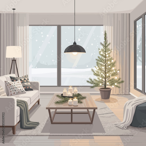 Modern cozy living room decorated for Christmas with a lit green tree and elegant interior design