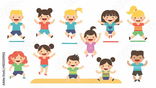 happy children jumping on colored balance beams