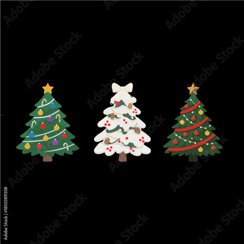 Set of decorated Christmas trees with colorful ornaments, lights and stars isolated on transparent background vector