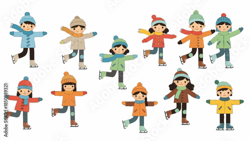 Happy children ice skating in winter outdoors