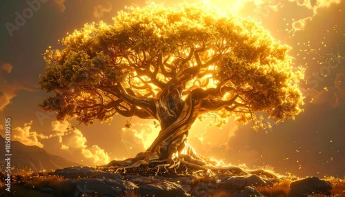 Luminous golden tree with intricately woven branches and roots, bathed in radiant sunlight against a cloudy backdrop