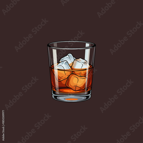 Glass of whiskey and ice cubes icon flat vector design.