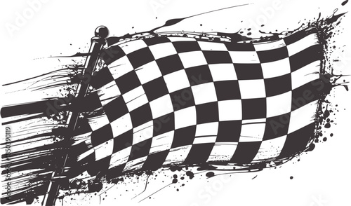 Black and white checkered flag dynamic abstract brushstroke