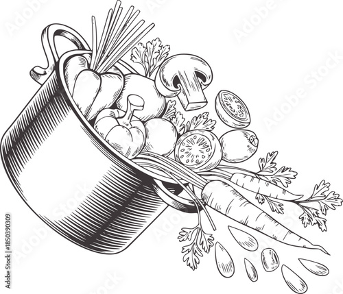 Black and white line of vegetables spilling from a pot