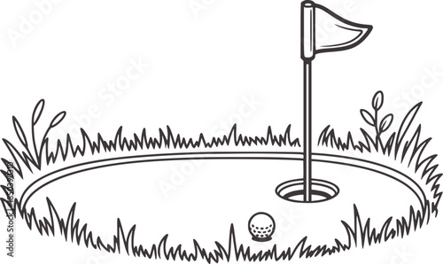 Black and white line of golf hole with flag putting green