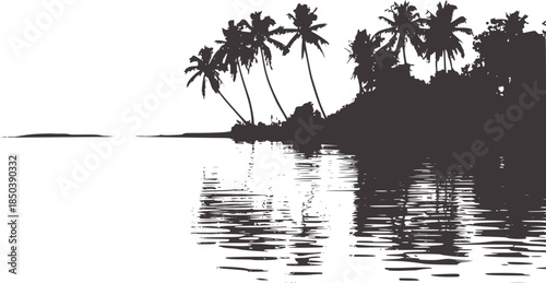 Black and white silhouette of tropical palm trees over calm water
