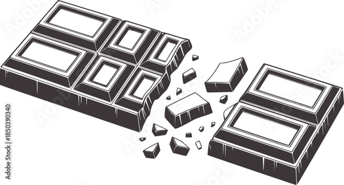 Black chocolate bar breaking into pieces isometric