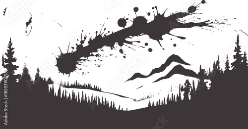 Black ink splatter and comet shapes over silhouette forest mountains