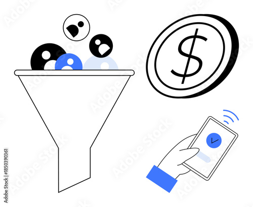 Customer acquisition, e-commerce strategies, financial success, digital marketing, payment methods, online business. A funnel filtering users, a coin and a mobile payment. Customer acquisition
