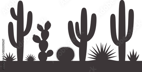 Black silhouette collection of desert cacti and plants