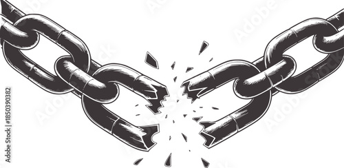 Broken black chain dramatic monochrome with shattered links